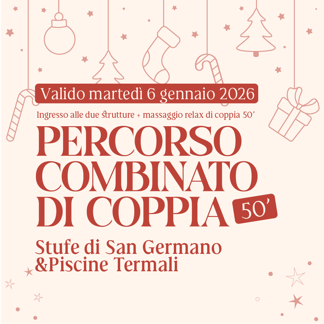 Epifania alle Terme di Agnano - Percorso combinato di coppia 50 - Due ingressi STUFE DI SAN GERMANO & PISCINE TERMALI + Massaggi relax 50 - Martedì 6 gennaio 2025